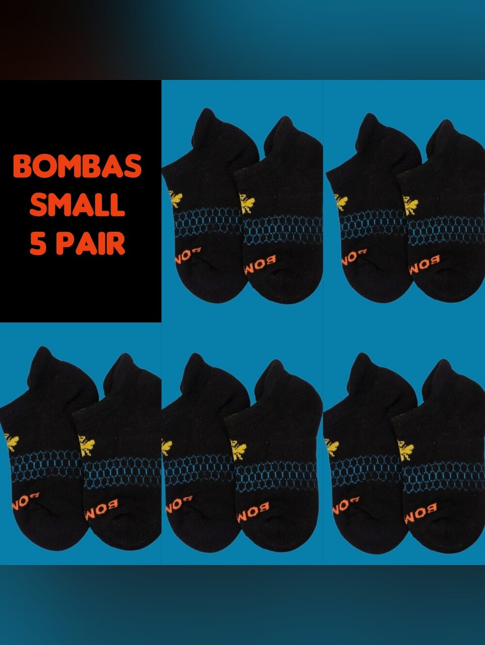 Bombas Womens Ankle Socks SMALL 5 Pair Black~Blue~Orange~Yellow Honeycomb New